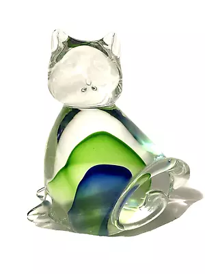 Murano ART GLASS CAT FIGURINE ~ SOMMERSO Blue & Green ~ Paperweight ~ Hand Blown • $14.90