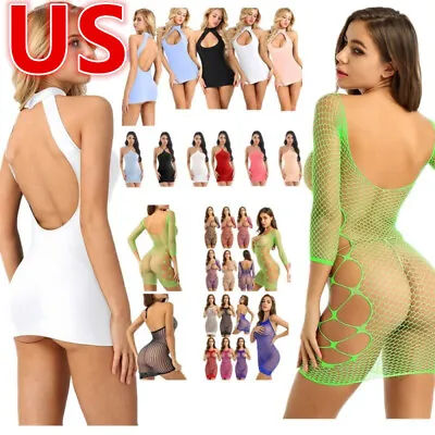 US Sexy Women Bodycon Mini Dress Fishnet See Through Babydoll Nightwear Clubwear • $7.92