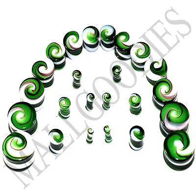 V098 Double Flare Green White Swirl Glass Saddle Plugs Spiral 6G To 7/8  • $5.95