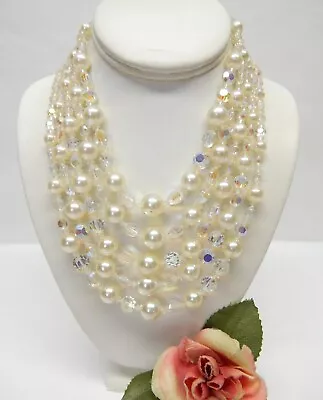 Vintage Multi Strand Crystal & Faux Pearl Bead Necklace 16  • $6.99