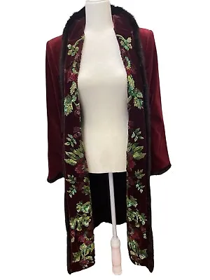 Zang Toi NWT Embroidered Beaded Velvet Coat Mink Trim Reversible Maroon Size 8 • $1999