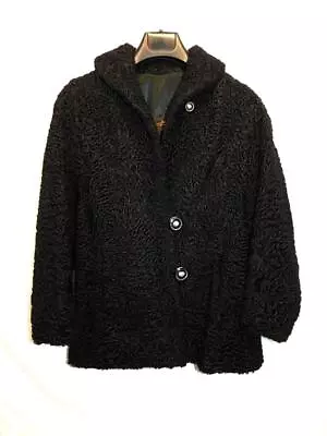 Vintage M Black Curly Persian Lamb Fur Coat Button Loop Shavers Furs Brandon MB • $74.99