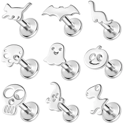 9Pcs/Set 16G Stainless Steel Lip Labret Studs Halloween Bat Skull Helix Piercing • $11.10