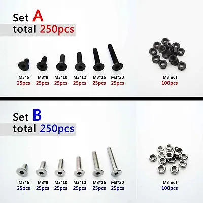 250pcs Assortment Kit M3 Flat Countersunk Head Hex Socket Cap Screw Bolt Nut • $9.99