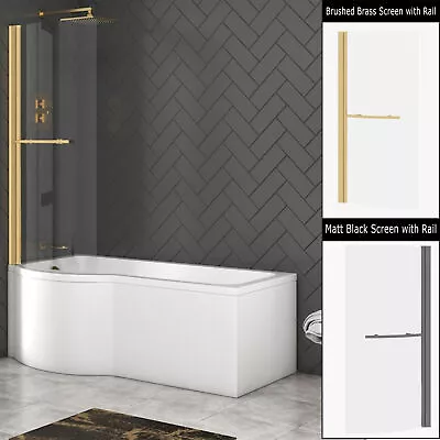 P Shaped Shower Bath Bathtub Front & End Panel With Brass Gold Black Screen Rail • £207.99