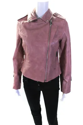 Vince Camuto Womens Leather Notch Collar Zip Up Motorcycle Jacket Pink Size S • $42.69