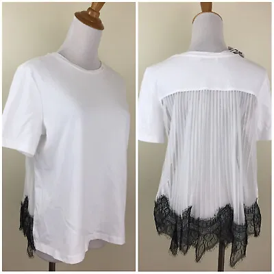 NWT ZARA White Black Chiffon Pleated Lace Back Short Sleeve Shirt Womens Small • $14.39