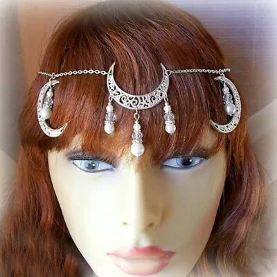 £11.49 • Buy Women Retro Moon Halo Bohemian Boho Forehead Chain Tassel Hair Head Band Cuff