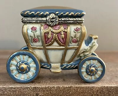 Vintage Hand-painted Cinderella Blue Gold Colorful Carriage Hinged Trinket Box • $24.99