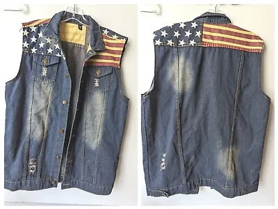 New Tang Ku Mens American Flag USA Dark Denim Biker Vest Sz L Distressed Patriot • £51.18