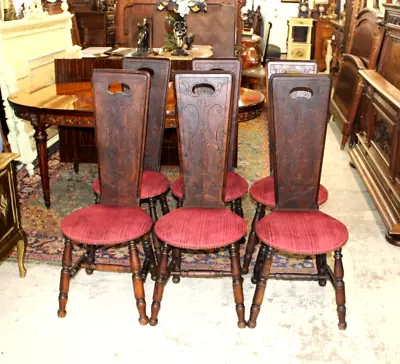 Set Of 6 French Antique Walnut Wood Dining Chairs • $1800