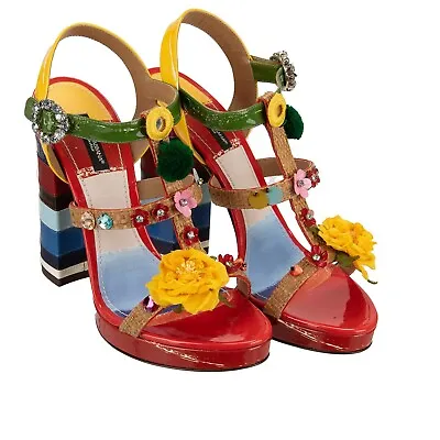 DOLCE & GABBANA Crystal Brooch Flower Sandals Pumps KEIRA Red Yellow Blue 12533 • $409.60
