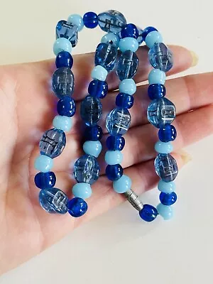 Vtg Cobalt Blue Necklace Czech Art Glass Poured Carved Rare Collar Beaded Deco • $35