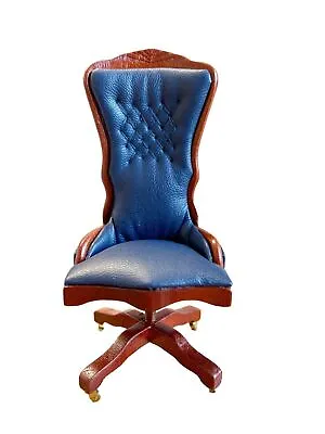 Dolls House Mahogany & Blue Desk Chair Miniature Study Office Furniture • $25.88