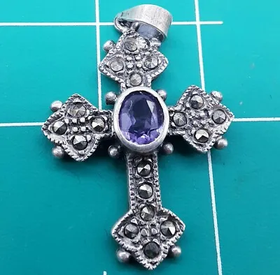 Vintage Necklace Pendant 925 STERLING SILVER Marcasite Cross Amethyst Signed • $38.03