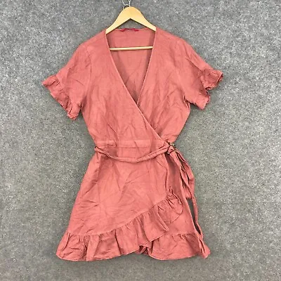 $49.95 • Buy Tigerlily Womens Dress Size 14 Brown Linen Blend Wrap Short Sleeve V-Neck 31110