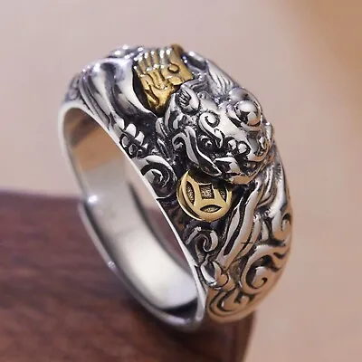 Real Solid 925 Sterling Silver Band Men Women Lucky Retro Carved Pixiu Ring 10g • £30.19