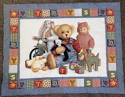 Vintage Blue Jean Teddy Bear Daisy Kingdom Fabric Quilted Blanket 43”x33” • $19.99