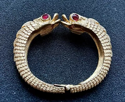 Vintage Kissing Koi Hinged Bracelet Ruby  Crystal Eyes Gold Tone • $14.99