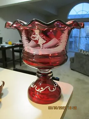 Vintage Mary Gregory Cranberry Glass Vase Goblet Pedestal Centerpiece • $200