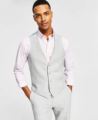 Bar III Men's Slim-Fit Light Gray Chambray Linen Suit Vest Small Solid Grey • $8.08