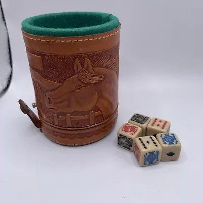 Vintage Tooled Leather Mexico Dice Cup With 5 Poker Dice • $16.50