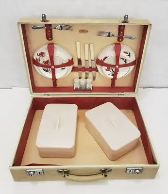 Sirram Vintage Picnic Set In Suitcase - White Case - Floral Dishes - Needs Resto • $47.59
