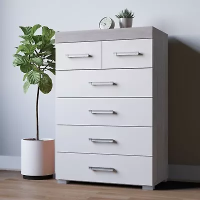 Chest Of 4+2 Drawers - White & Grey Oak Effect Bedroom Furniture Modern 6 Draw • £84.95