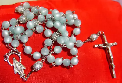 VTG Sterling Silver 17  Pearlescent Blue Rosary Stylized Cross/caps/ITALY/BVM • $47