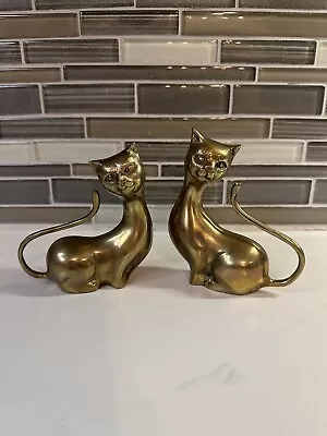 2 Vintage Mid Century Modern Solid Brass Long Neck Siamese Cat Figures 5” X 4.5” • $29