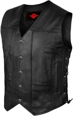 Mens Genuine Leather 10 Pockets Motorcycle Biker Vest ANARCHY Black SOA Riding  • $39.99