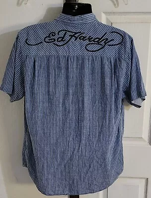 Ed Hardy Shirt Men's Size XL Blue Short Sleeve Button Up Chambray Shirt  • $29.99
