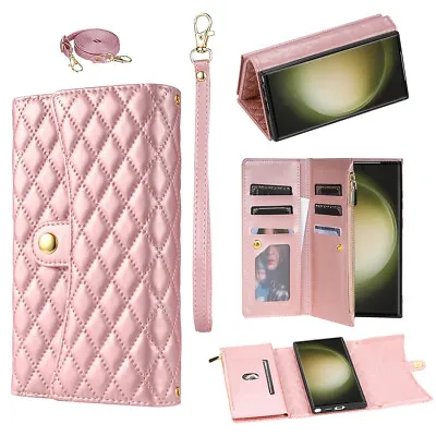 For IPhone Samsung +Crossbody Strap Flip Wallet Case Stand Phone Cover Card Bag • £10.79