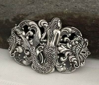 Large Mermaid Seahorse Hair Barrette Sterling Silver Pltd French Hair Clip • $56.95