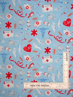 Medical Nurse Doctor EKG Hospital Toss Blue Cotton Fabric Traditions By The Yard • $10.43