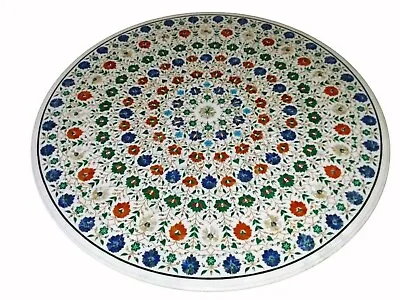 Round Marble Dining Table Top Inlaid With Multicolor Gemstone Reception Table • $6579.75