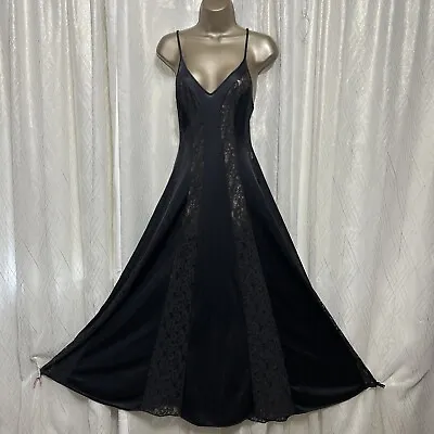 Vtg S M Tall Olga Black Nightgown Lace Nylon Gown Negligee Sweep Shiny Sexy • $69.99