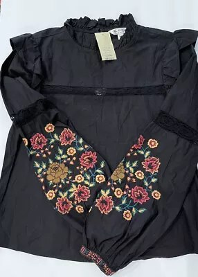 NWT Miss Selfridge Black Cotton Blouse US Size 2 Embroidered Sleeves Ruffled • $29.99