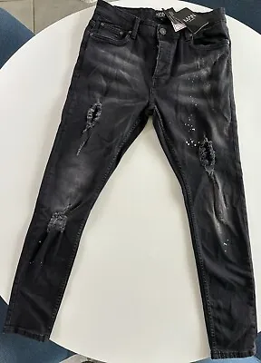 BOOHOO MAN Super Skinny Distressed Paint Splat Black Stretch Jeans Size 34R • $16.95