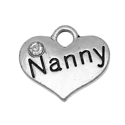 10 X Nanny Antique Silver Family Word Rhinestone Heart Charm Pendants 16mm • £4.95