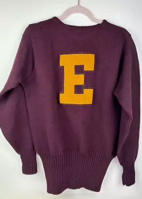 VTG 50s 60s University Sweater Burgundy With Gold Letter E Wool S-M-L • $119.99