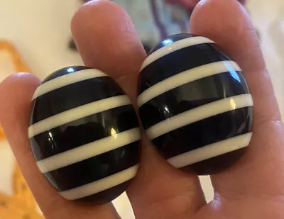 Monies Gerda L Clip Earrings Black And White Striped Resin Oval Vtg Excellent! • $195