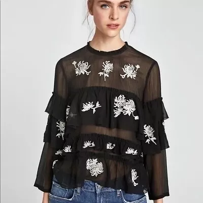 $19.99 • Buy Zara Woman Black White Embroidered Ruffled Tiered Top Size XS