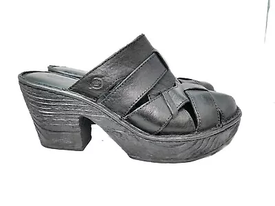 Born Pollina Black Woven Leather Block Heel Slides Mules Sz 8 (579) • $26