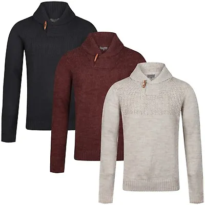 Mens Jumper Shawl Neck Cable Knit Regular Fit Wool Sweater Pullover Knitwear Top • £12.99