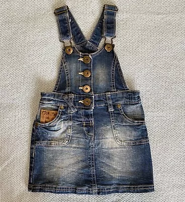 NEXT (2-3 Yrs) Blue Denim Overall Pinafore Dress Leather Accents & Pockets VGC • $7.99