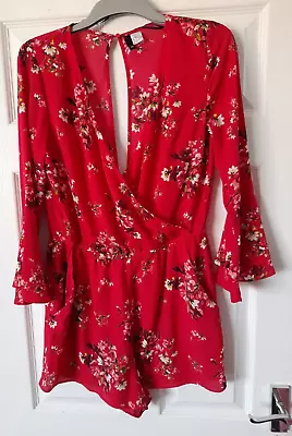 H&M Red Floral V Wrap Neck Long Sleeve Playsuit Size UK 14 EUR 40 • £8.95