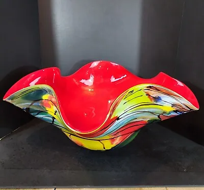 Viz Art Glass Bowl Large Multi Color Abstract 19” Wide 10” Tall Hand Blown • $499.99
