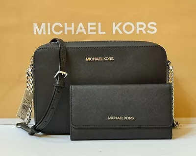 Michael Kors Jet Set Item East West Crossbody Bag + Trifold Wallet Black/ Silver • $119.80