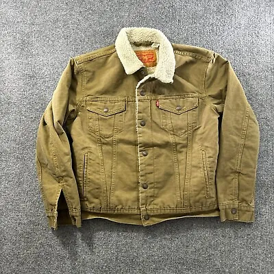 Levi's Sherpa Lined Trucker Jacket Mens Size S Khaki Green Denim Button Up • $38.92